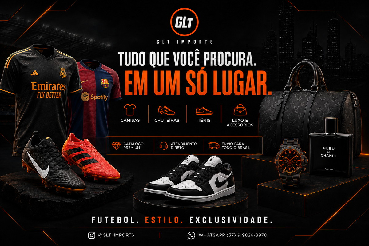 Catálogo premium GLT Imports com camisas, chuteiras, tênis e acessórios