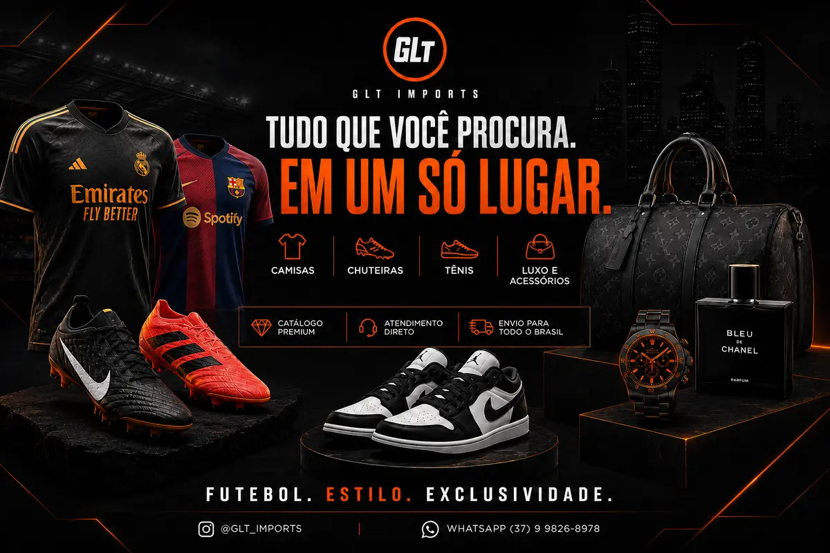 Catálogo premium GLT Imports com camisas, chuteiras, tênis e acessórios
